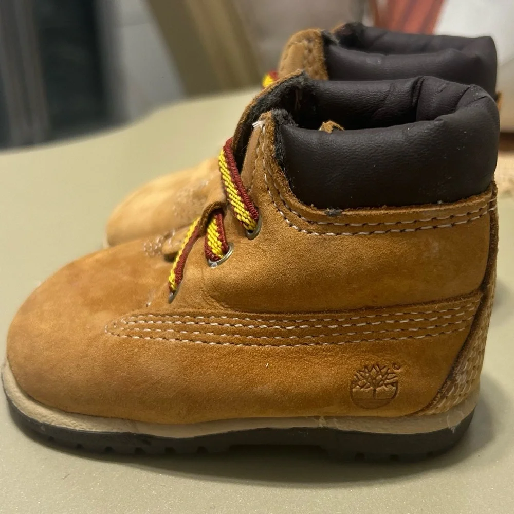 Timberland Kids Tan Suede Boots with Yellow-Red Accent Laces